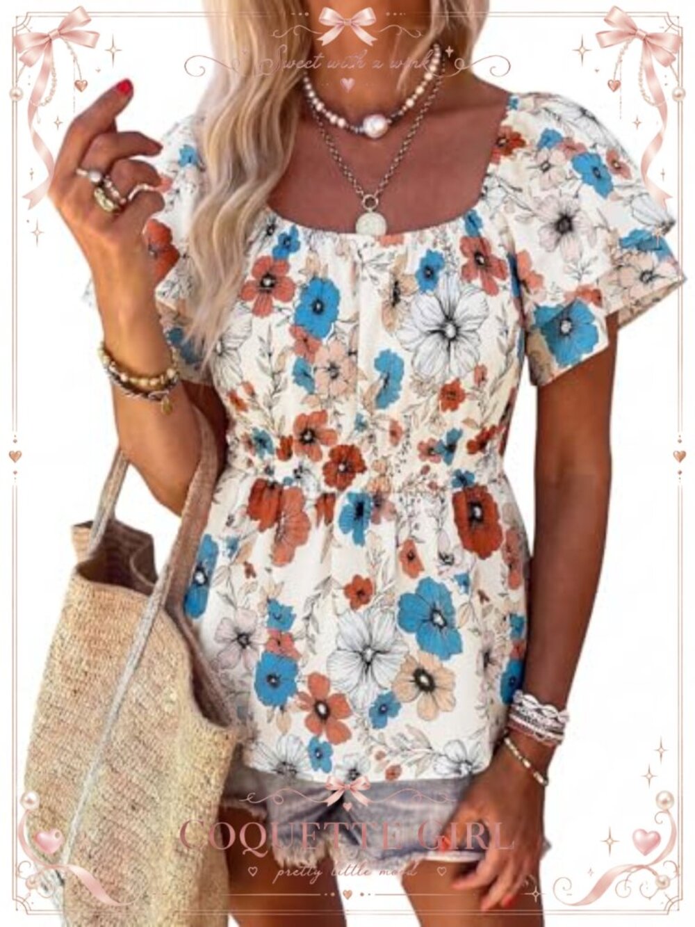 Womens Boho Floral Smocked Peplum Blouse Square Neck Ruffle Tunic Top